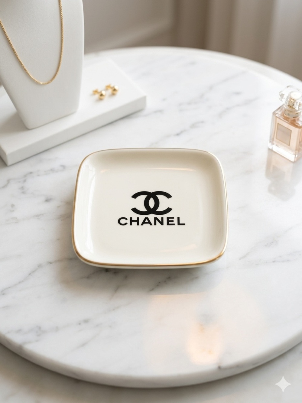 White Ceramic Dish with Black Logo and Gold Rim for Jewelry